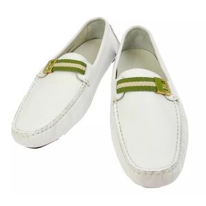Brand new Bally White Leather Loafers with Olive Green Stripe and Gold Buckle